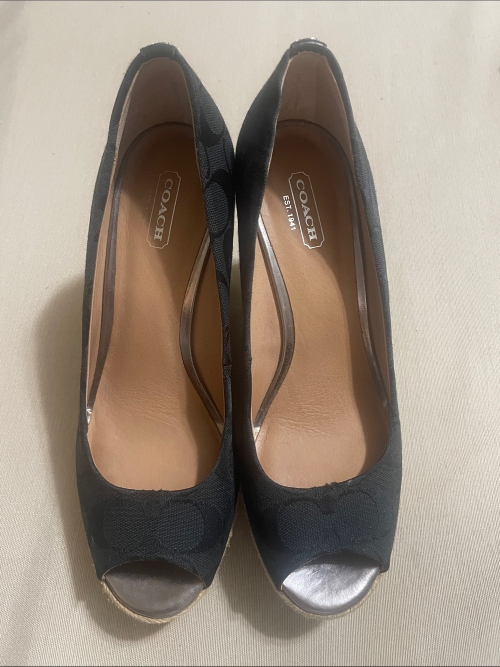 Coach Black Peep-Toe Canvas Wedges